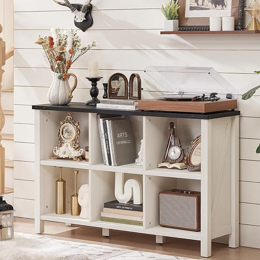 Farmhouse 6 Cube Bookshelf, Antique White & Black Wooden Storage Organizer Book by Joaxswe