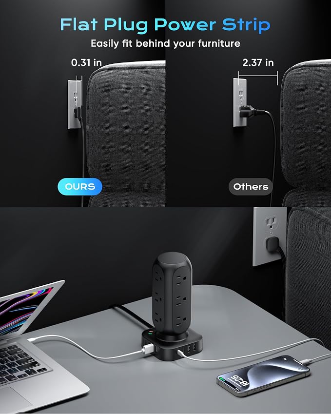 Dual PD 20W Power Strip Tower, TenTrend Surge Protector Power Strip - Image 4