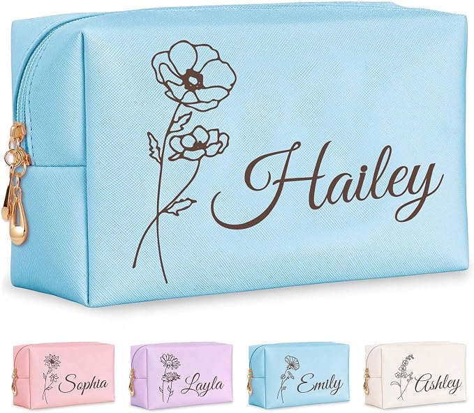 Personalized Makeup Bag with Name & Birth Flower, Custom Leather Cosmetic Bags by Fincekoom