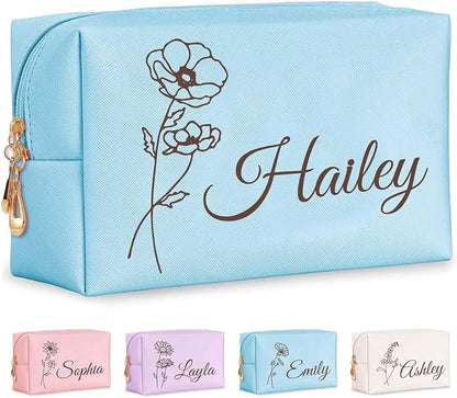 Personalized Makeup Bag with Name & Birth Flower, Custom Leather Cosmetic Bags by Fincekoom