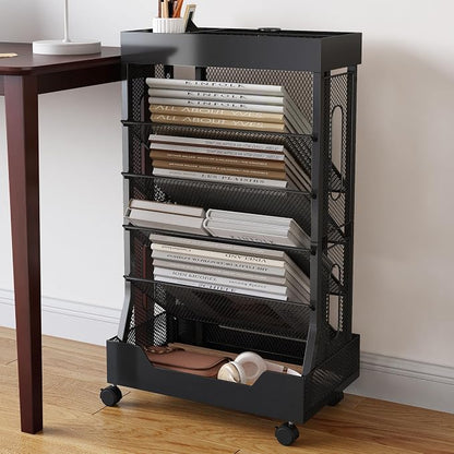 Book Cart with Wheels Mobile Bookshelf Rolling Bookshelf Organizer Bookcase - Image 2
