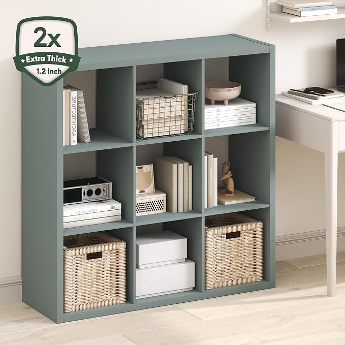 Furinno Cubicle 9-Cube Book Shelf, Extra Thick Frame Bookshelf, Sage Green | - Image 4