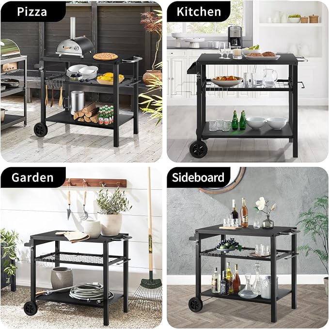 Grill Cart Table with Three Shelf, Movable Outdoor Dining Cart Pizza Oven Stand - Image 6