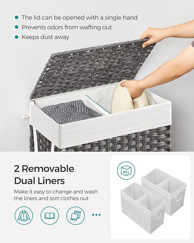 SONGMICS Laundry Hamper with Lid, 90L Clothes Hamper with 2 Removable Liner Bags - Image 3