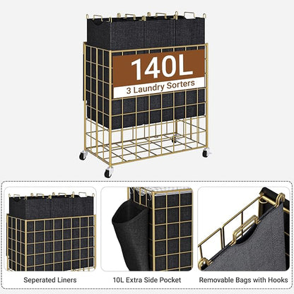 Laundry Basket with Wheels, Heavy Duty Laundry Sorter 3 Sections, 140L Large - Image 2