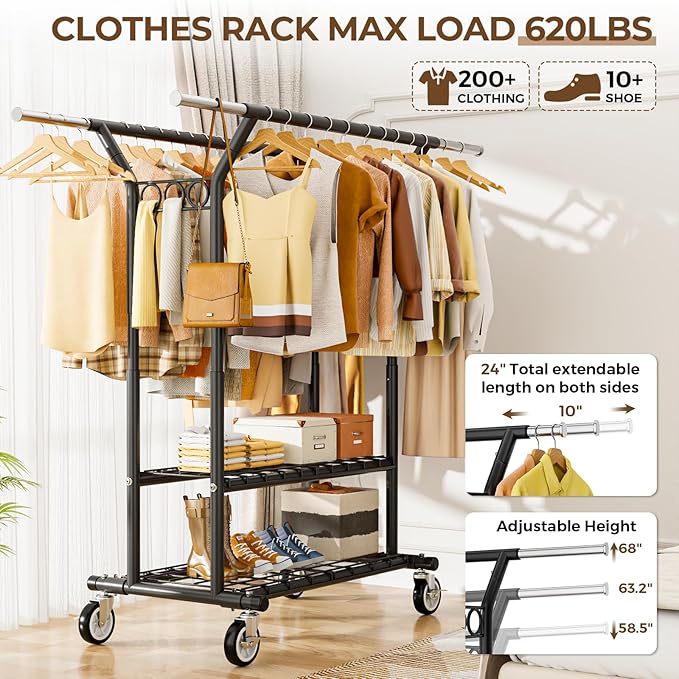 HYSEYY Heavy Duty Clothes Rack, Rolling Clothing Rack - Image 2