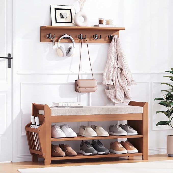 PETKABOO 31.5" Shoe Bench with Coat Rack Hidden Drawer and Side Holder by PETKABOO