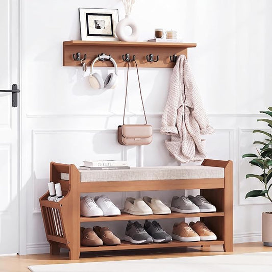 PETKABOO 31.5" Shoe Bench with Coat Rack Hidden Drawer and Side Holder by PETKABOO