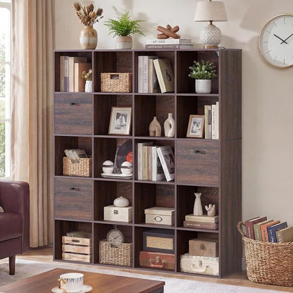 Walnut Cube Storage Bookcase, Rustic Brown 20 Cube Storage Organizer, Wooden - Image 9
