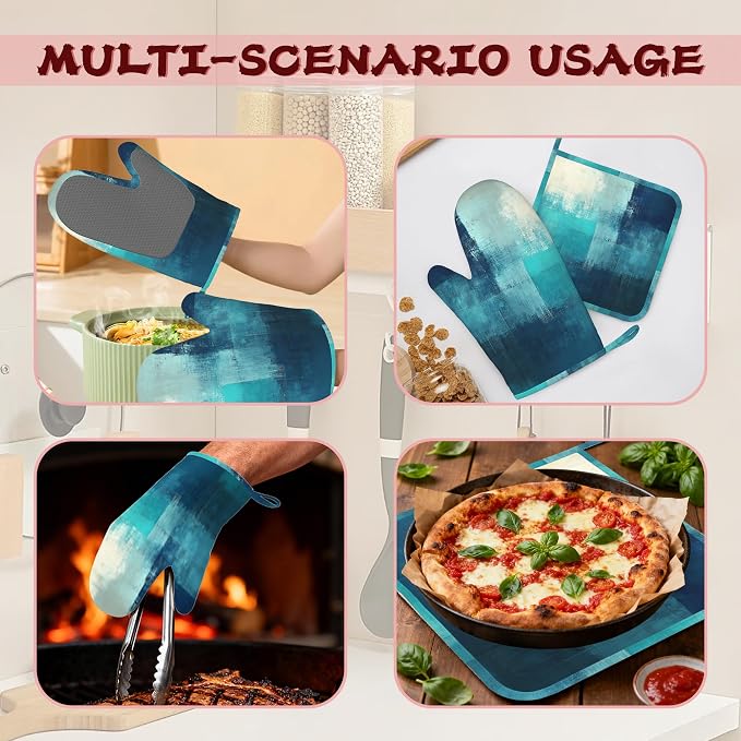 Turquoise Grey Oven Mitts and Pot Holders, Teal Modern Art Heat Resistant - Image 6