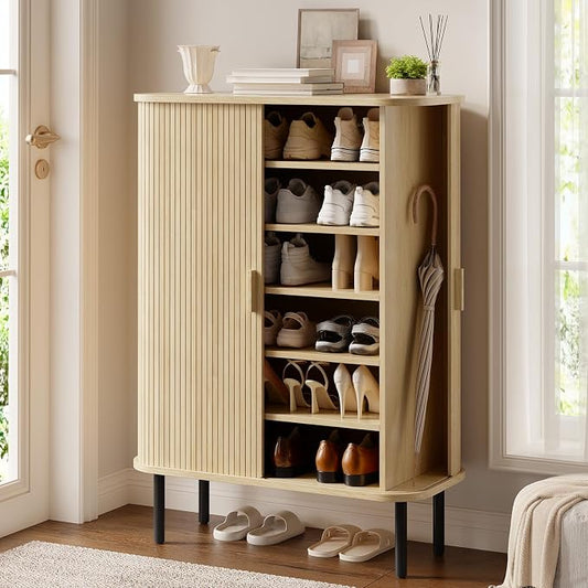 6-Tier Shoe Cabinet with Sliding Door, Wooden Shoe Storage Cabinet with by ONBRILL