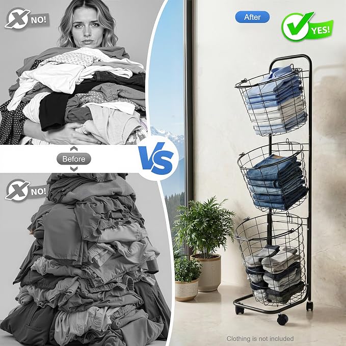 Laundry Basket on Wheels, 3 Tier Large Laundry Hampers, 10.4 * 13 * 48.4inch - Image 6