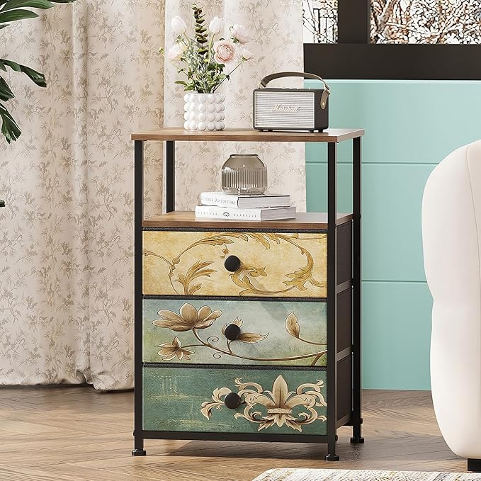 Tohomeor Nightstand with 3 Fabric Drawers Retro End Table with Storage Shelf by Tohomeor