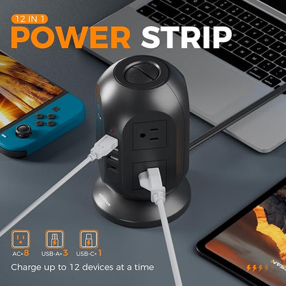 Surge Protector Power Strip Tower, TESSAN 10 ft Flat Extension Cord - Image 4