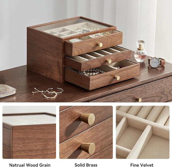 Black Walnut Wooden Jewelry Box Women large 3 Layer Drawer Organizer Box - Image 8