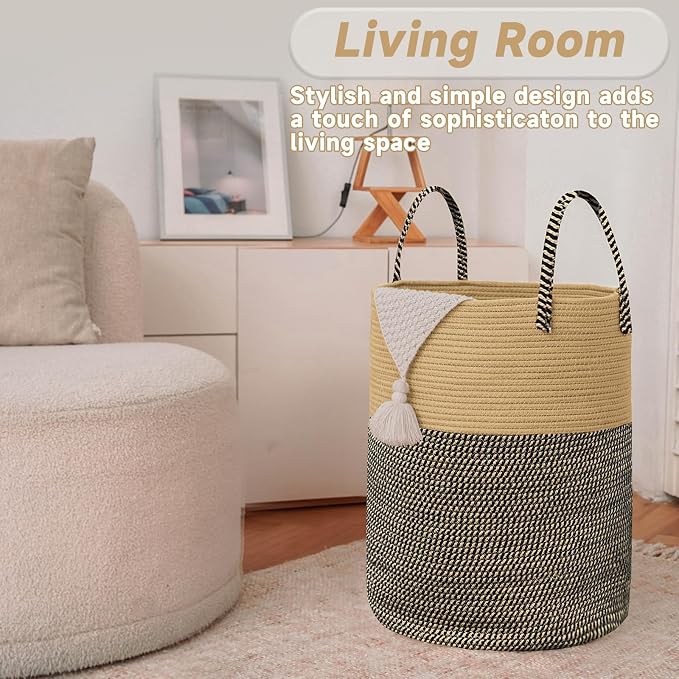Large Woven Laundry Basket Hamper, 60L Cotton Rope Storage Bin - Image 3