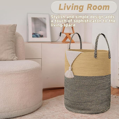 Large Woven Laundry Basket Hamper, 60L Cotton Rope Storage Bin - Image 3
