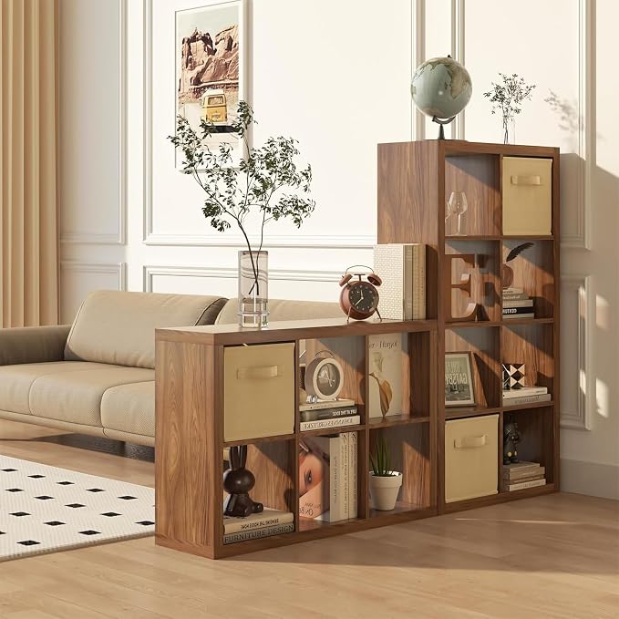 Bookshelf with Storage Bins, 16-Cube Storage Organizer Sturdy Wooden Cube - Image 4
