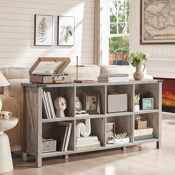 8 Cube Book Shelf, Farmhouse Wood Long Storage Organizer Bookcase, Hallway TV - Image 7