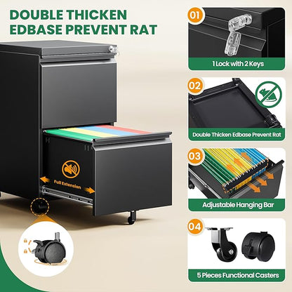 2 Drawer Locking Under Desk Metal Storage Cabinet on Wheels - Image 4