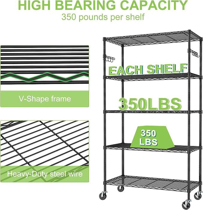 5 Tier Wire Metal Shelving Rack Garage Storage Rolling Shelves - Image 5