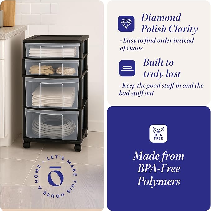 HOMZ Drawer Tower, 4-Tier Clear Plastic Storage Organizer Cart, and Office - Image 5