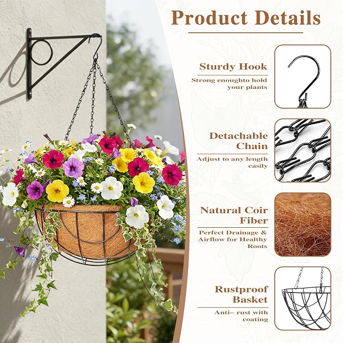 4 Pack Hanging Planter for Outdoor Plants 12 inch Metal Hanging Flower Basket - Image 6
