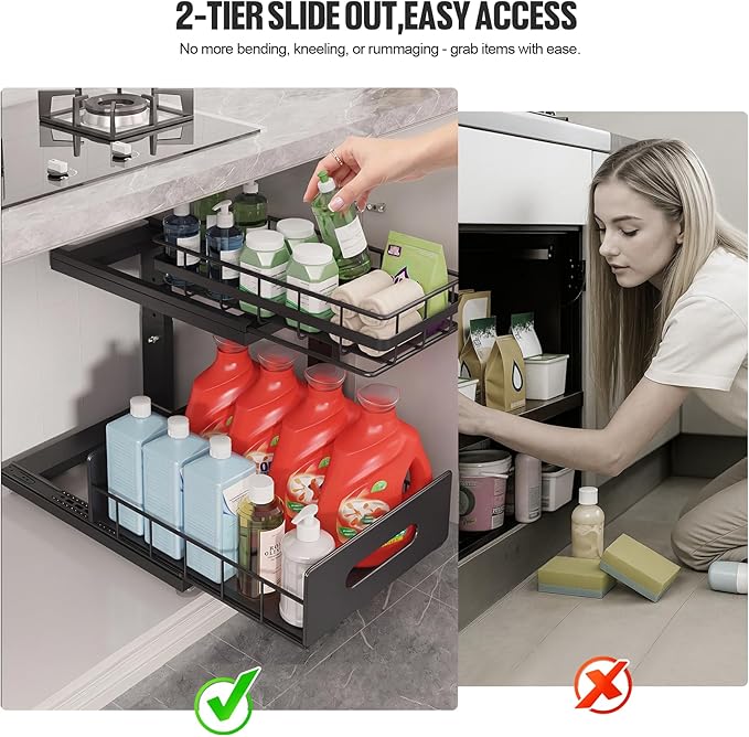 Under Sink Organizer Upgrade To Professional Rails, 2-Tier Dual Pull Out - Image 4