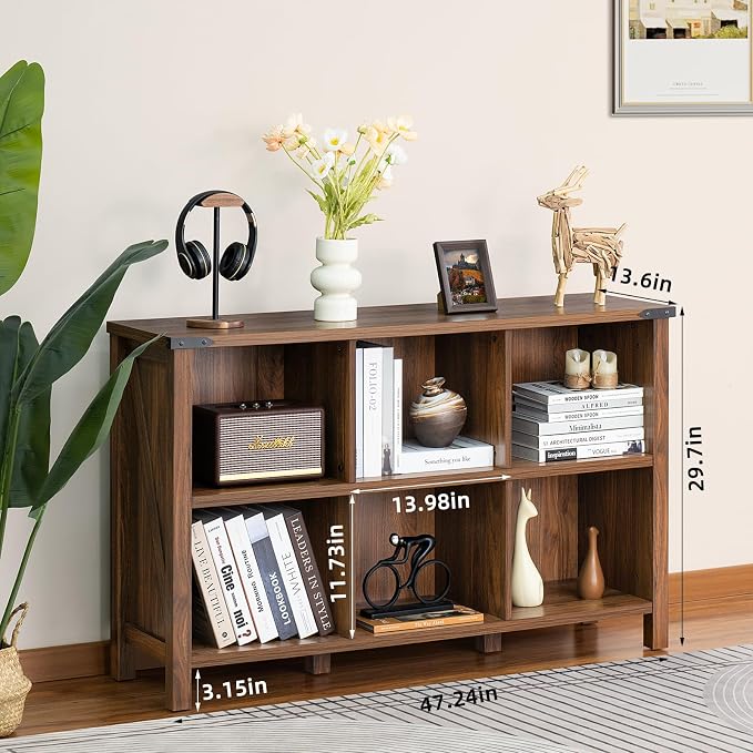 Farmhouse 6 Cube Book Shelf, Wood 3 Tier Storage Organizer Bookshelf, Rustic - Image 2