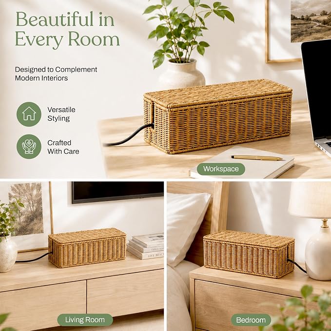 Cable Management Box Set of 2 Sizes, Handmade Rattan Cable Organizer - Image 5