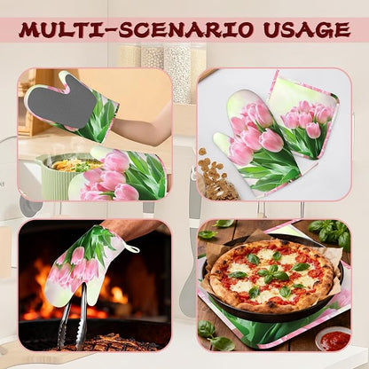 Pink Tulips Romantic Silicone Oven Mitts and Pot Holders, Heat-Resistant 4 - Image 6