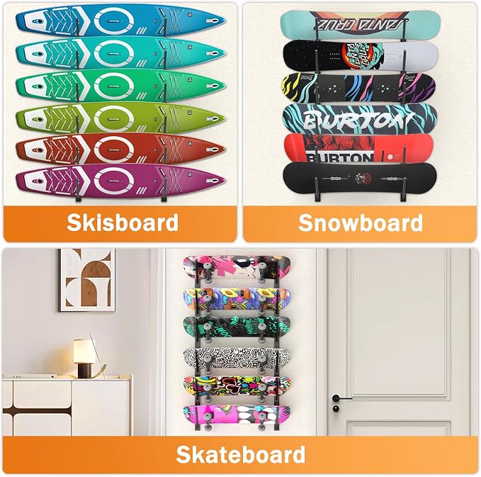 Skateboard Wall Mount, 6 Floors Skate Board Wall Display Hanger Rack, Ski Holder - Image 2