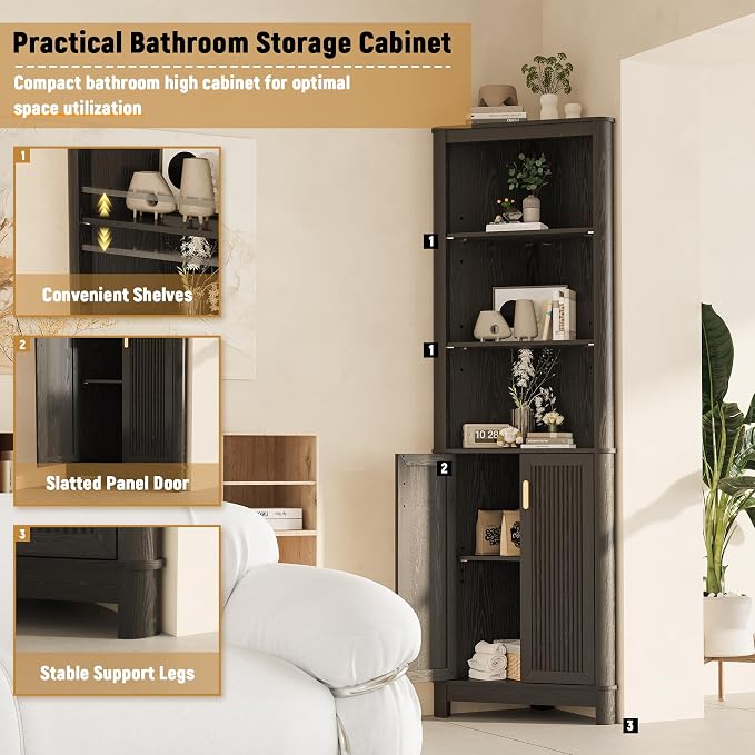 69" Tall Corner Shelf with Doors, 7-Tier Corner Storage Cabinet with Doors - Image 3