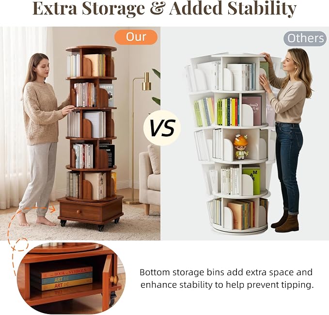 6-Tier Rotating Bookshelf with Storage Cabinet, Walnut Brown | Wood Construction - Image 4