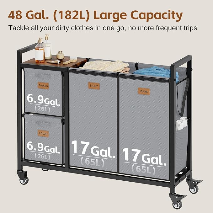 Hoctieon 4 Section Laundry Cart, 48 Gal. Laundry Hamper - Image 6