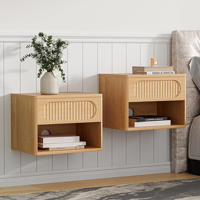 Floating Nightstands with Drawer Set of 2, Modern Wall Mounted Bedside Tables by VDNEND