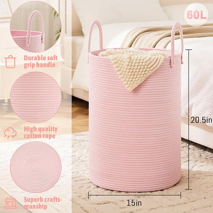 Laundry Basket, Woven Cotton Rope Laundry Hamper, 60L - Image 6