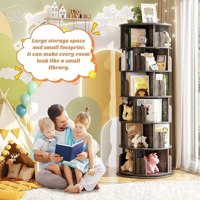 Aheaplus 6 Tier Rotating Bookshelf, Wood Spinning Bookshelf Tower, Round - Image 3