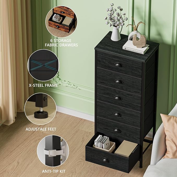 Furnulem Tall Dresser with 6 Drawers, Vertical Bedside End Table & Chest - Image 5