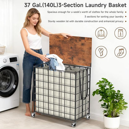 Laundry Basket with Wheels, Heavy Duty Laundry Sorter 3 Sections, 140L Large - Image 6