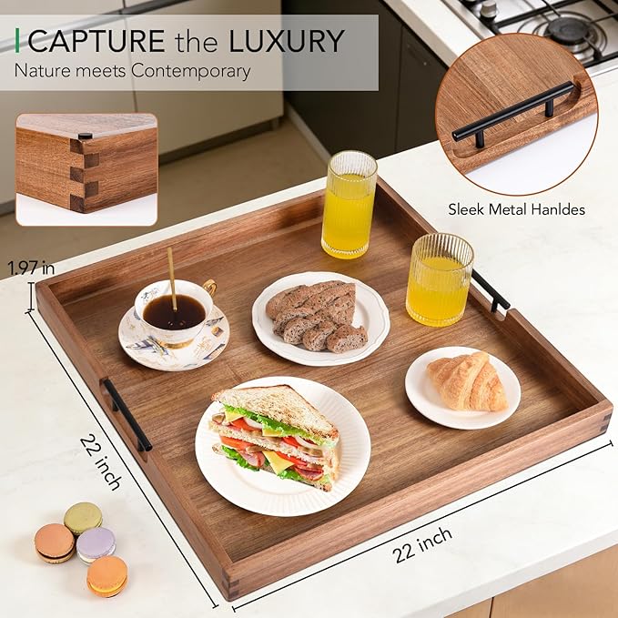 Joy&Grace Ottoman Tray for Living Room Large Acacia Wooden Serving Tray - Image 2