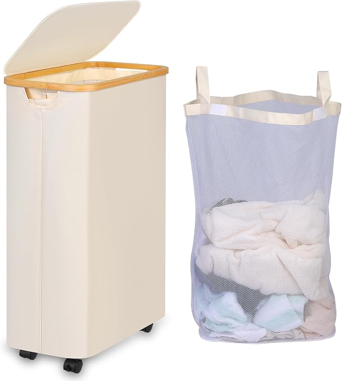 Laundry Basket with Wheels, 75L Beige Clothes Hamper by iEGrow