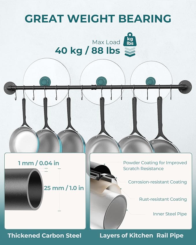 OROPY 38 inch Pot Bar Rack Wall Mounted Detachable Pans Hanging Rail Kitchen - Image 5