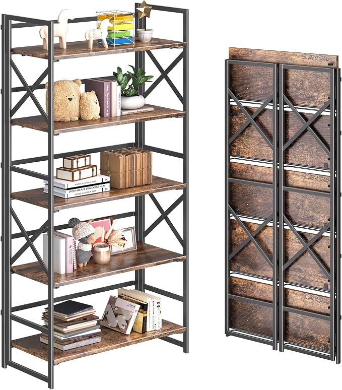 4NM 5 Tiers No Assembly Book Shelves, 51.2" H Folding Bookshelf Bookcase Open by 4NM