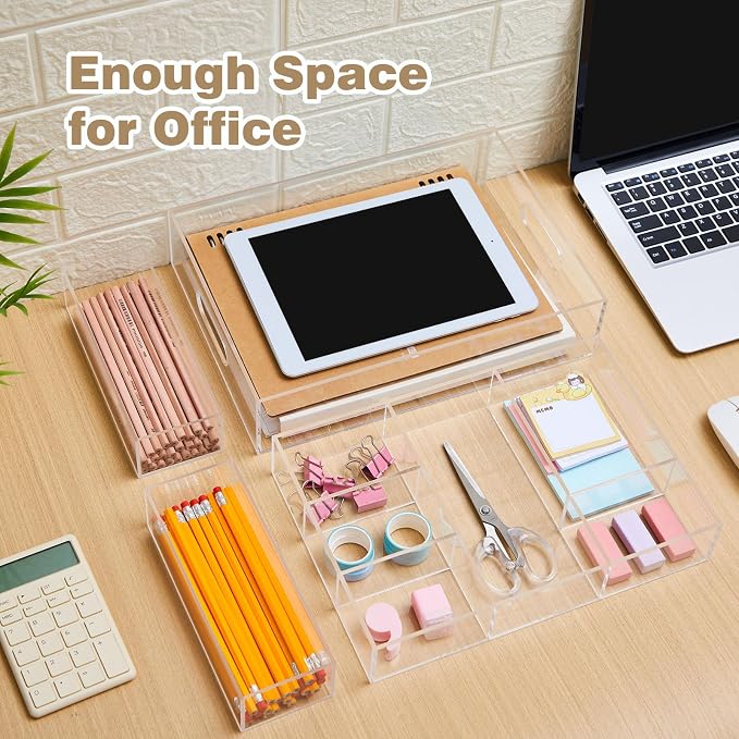4 Pack Desk Drawer Organizer Set 3 Size Clear Acrylic Drawer Organizer Trays - Image 6
