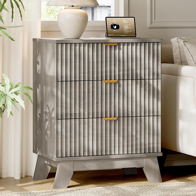 Fluted Nightstand with Charging Station, Modern Wood Side Table Night Stand - Image 3