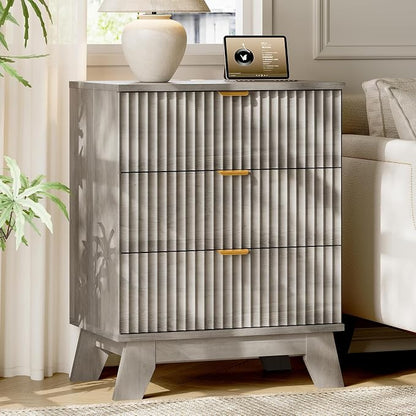 Fluted Nightstand with Charging Station, Modern Wood Side Table Night Stand - Image 3
