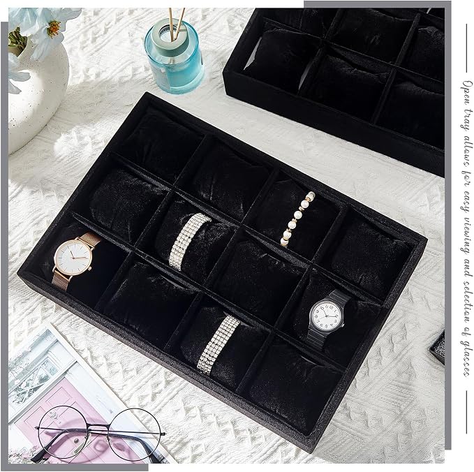 2 Pieces 12 Grid Velvet Watch Tray Jewelry Organizer Stackable Watch Bracelet - Image 5