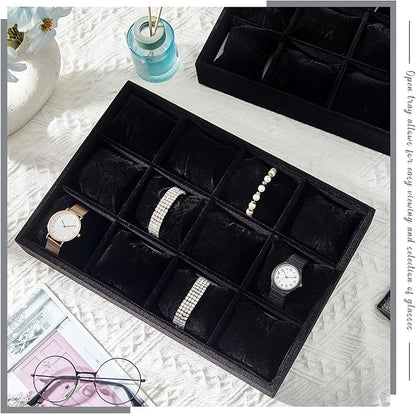 2 Pieces 12 Grid Velvet Watch Tray Jewelry Organizer Stackable Watch Bracelet - Image 5