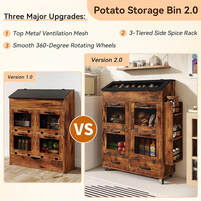 Verano Garden 31.5" Large Potato and Onion Storage Bin on Wheels, Bread Box | - Image 7